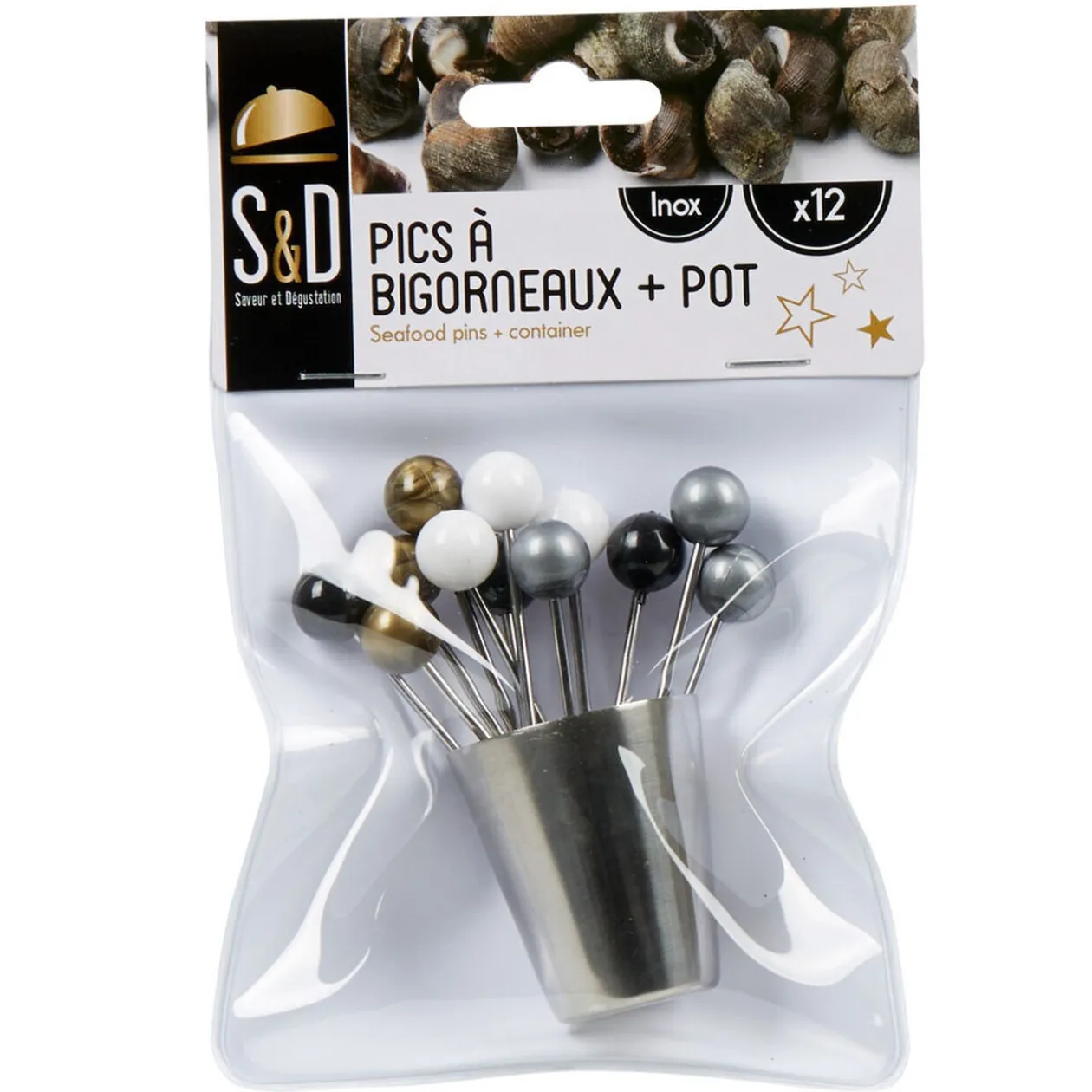 12 piques à bigorneaux avec pot