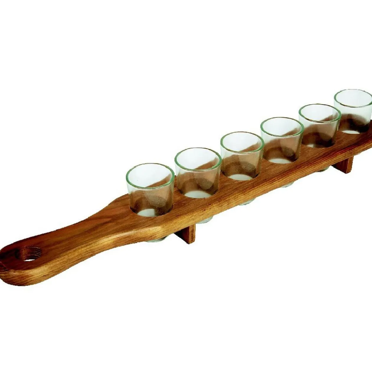 6 verres shooter sur support en bois