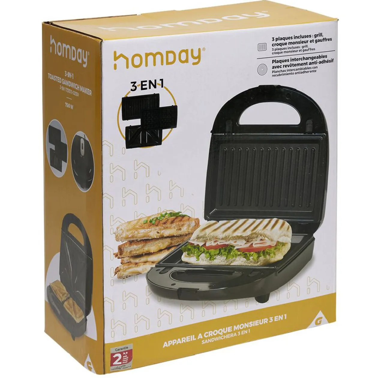 Appareil à croque monsieur 3en1 gaufre et grill 750W