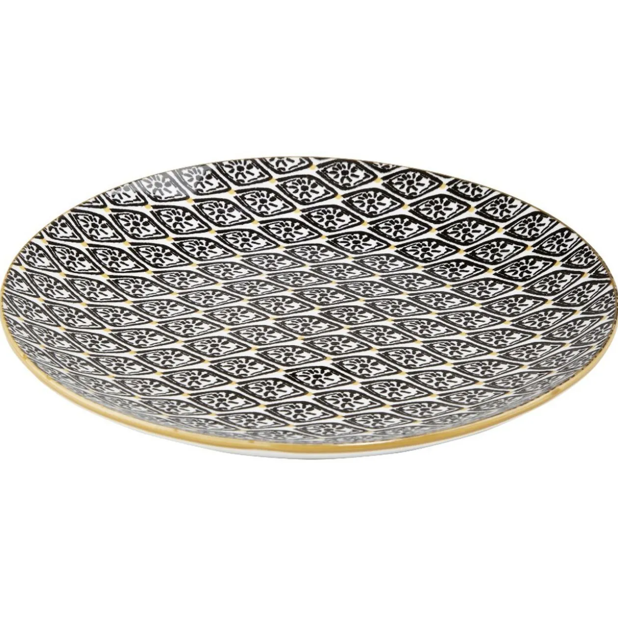 Assiette à dessert ronde Praia motif ethnique noir blanc jaune
