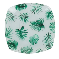 Assiette dessert carrée blanche motif feuille tropicale vert