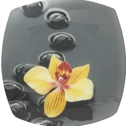 Assiette plate carrée motif galets et fleur