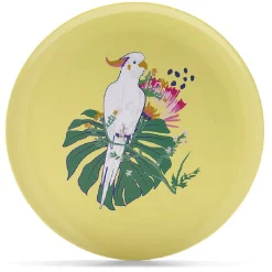 Assiette plate décor oiseau et feuille jaune ou verte
