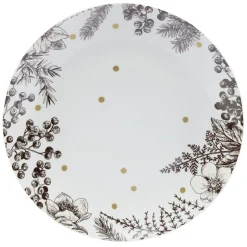 Assiette plate en porcelaine blanche motif végétal marron