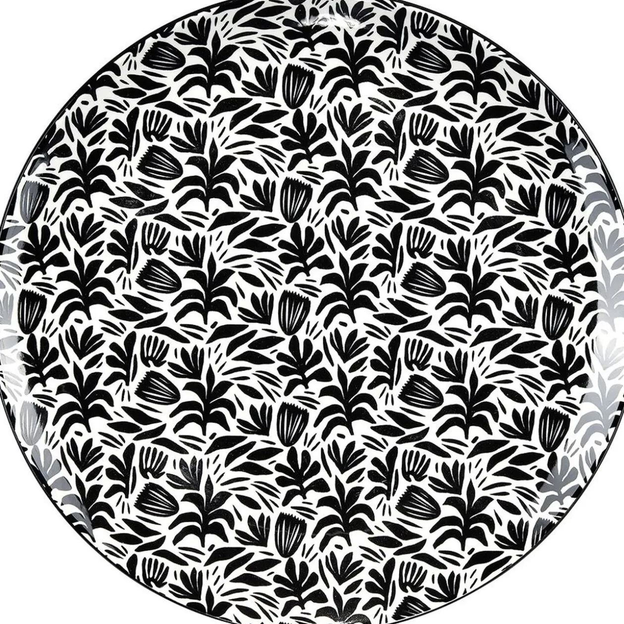 Assiette plate porcelaine motif feuillage noir blanc Ø24xH2,3cm
