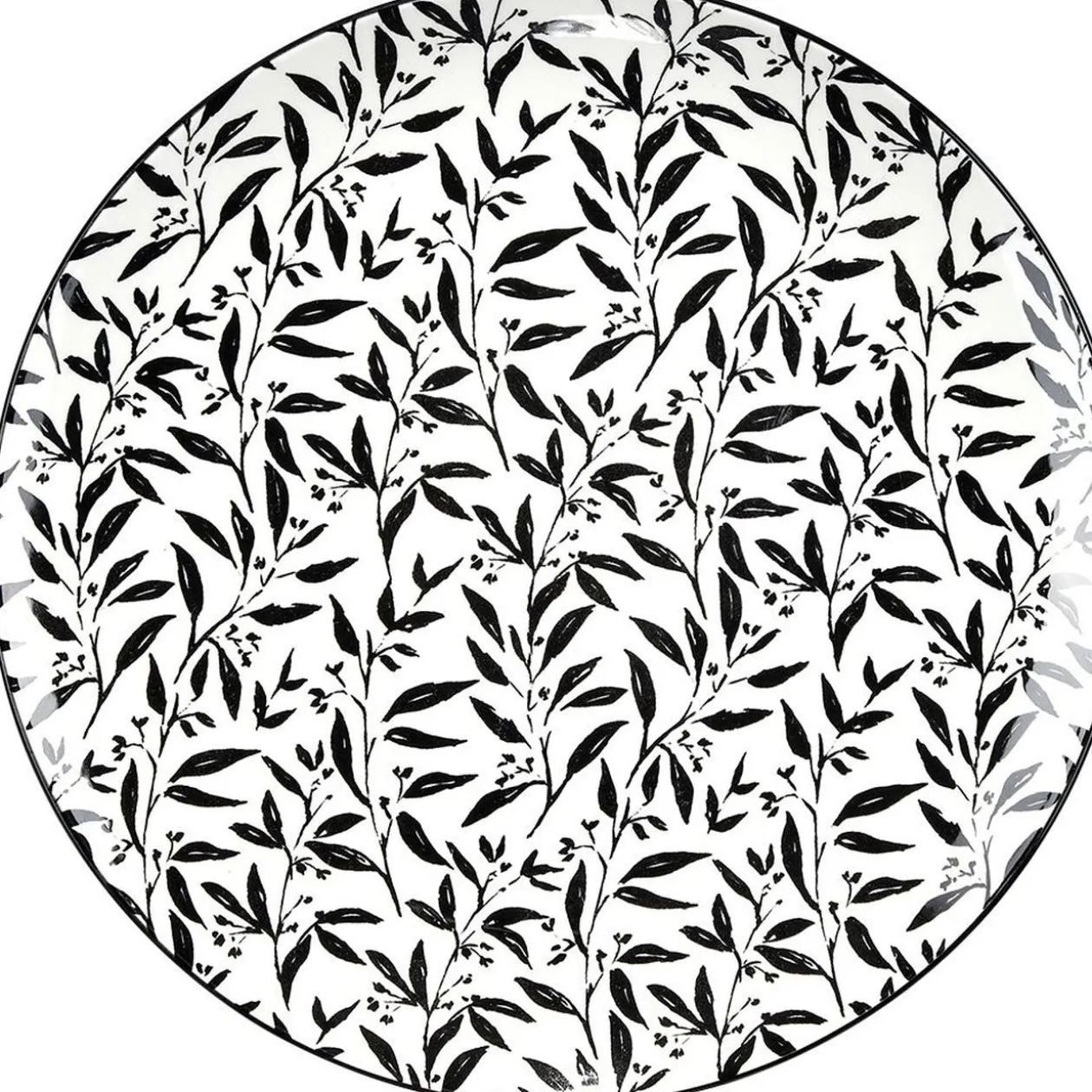 Assiette plate porcelaine motif feuillage noir blanc Ø24xH2,3cm