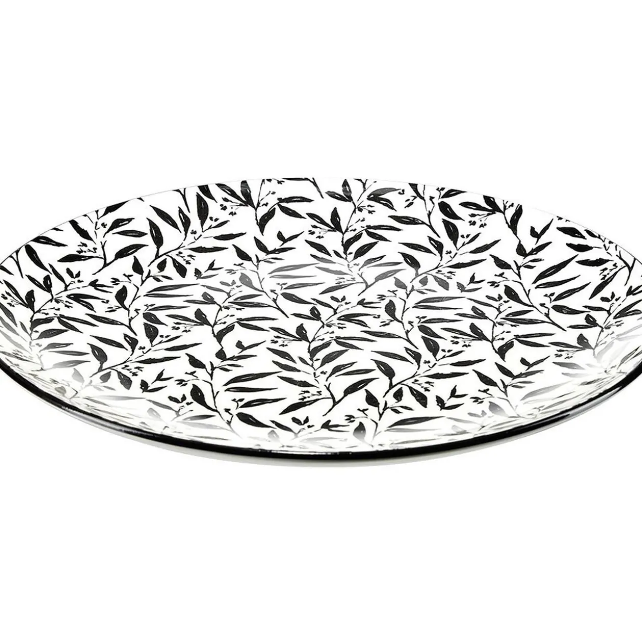 Assiette plate porcelaine motif feuillage noir blanc Ø24xH2,3cm