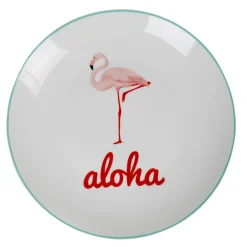 Assiette plate ronde blanche flamant rose aloha