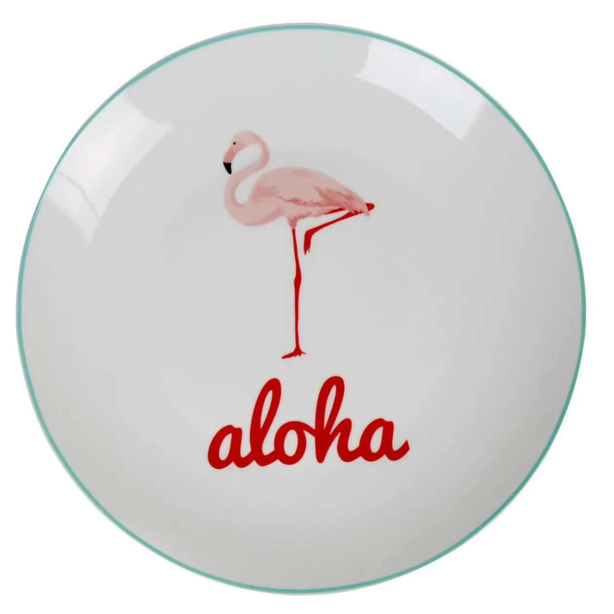 Assiette plate ronde blanche flamant rose aloha