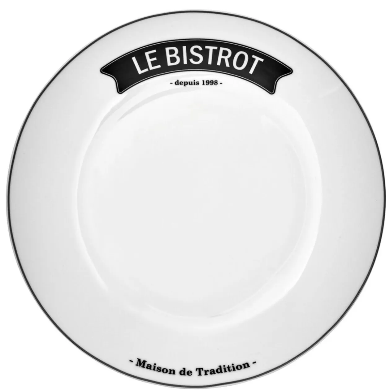 Assiette plate ronde blanche inscription noire Le Bistrot
