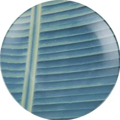 Assiette plate ronde en faïence imprimé feuille vert bleu