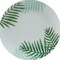 Assiette plate ronde style tropical blanche motif feuillage