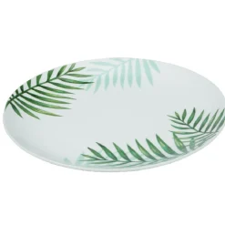 Assiette plate ronde style tropical blanche motif feuillage