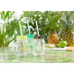 Bocal à anse avec paille motif exotique