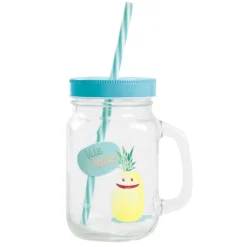Bocal à paille avec anse et couvercle Gildas L'Ananas bleu et blanc