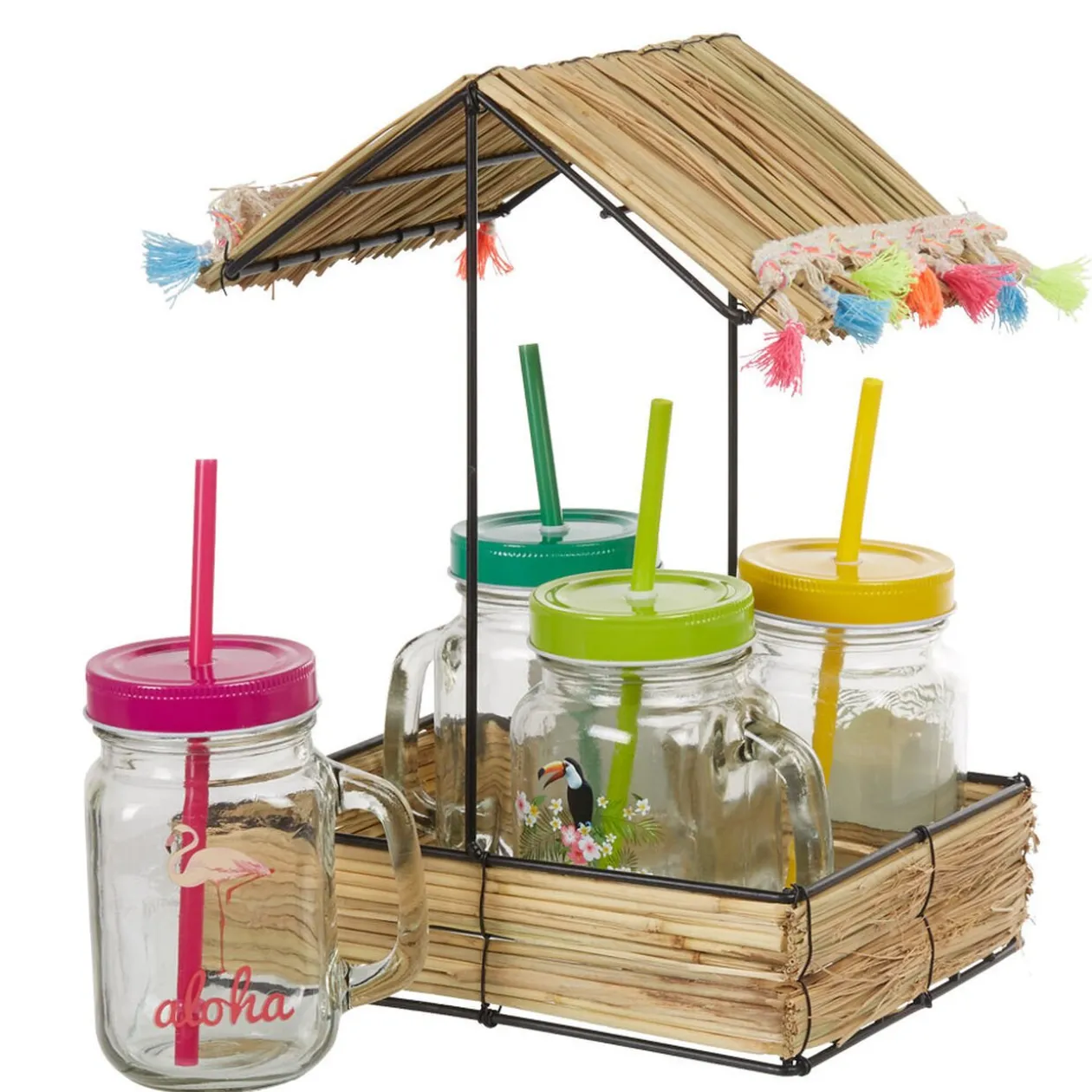 Bocal à paille et couvercle style tropical avec support x4