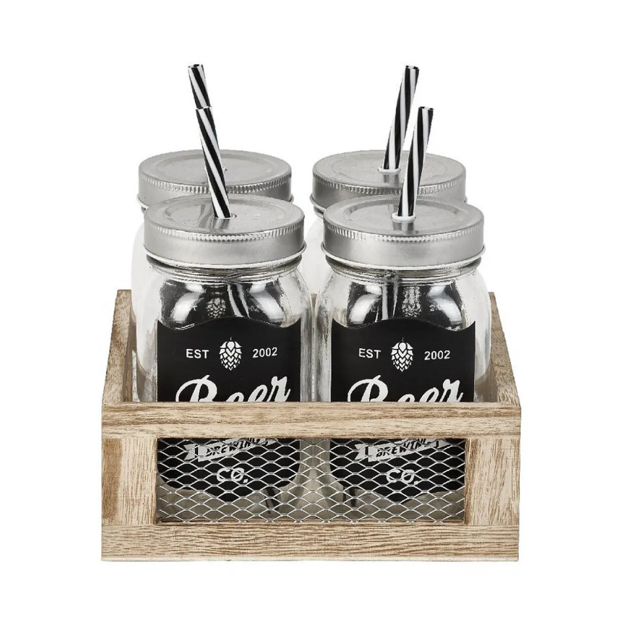Bocal à paille x4 ardoise et support en bois