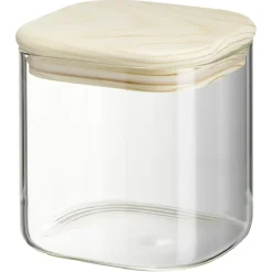 Bocal carré transparent avec couvercle en bois 0,6L