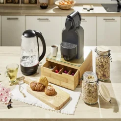 Bocal hermétique rond transparent avec couvercle en bambou H14,5 cm