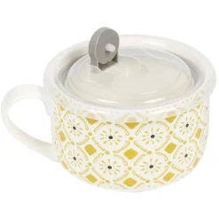 Bol jumbo soupe avec couvercle en porcelaine blanc motif jaune