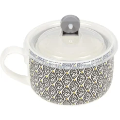 Bol jumbo soupe avec couvercle en porcelaine blanc motif noir
