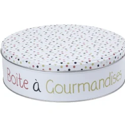 Boîte à gourmandises ronde blanche motif pois multicolores