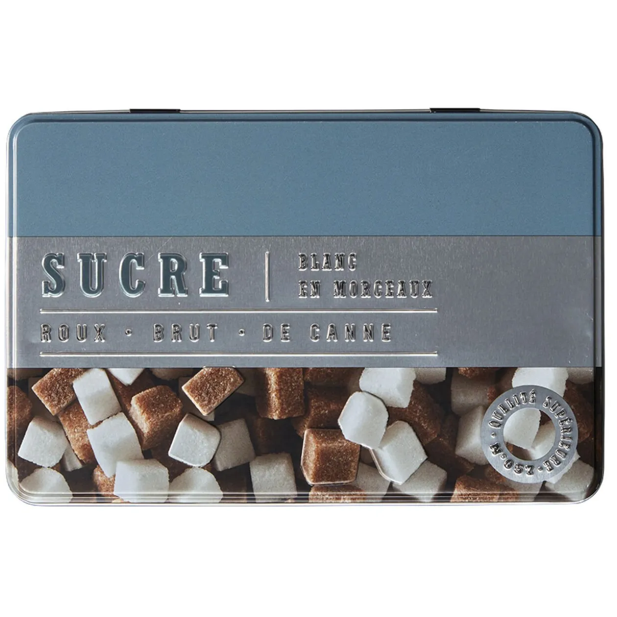 Boîte à sucre rectangulaire en métal décorée bleu gris