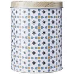 Boîte ronde en métal décor carreau de ciment avec couvercle effet bois