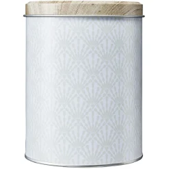 Boîte ronde en métal imprimé gris avec couvercle effet bois