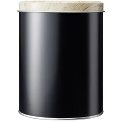 Boîte ronde en métal noir avec couvercle effet bois