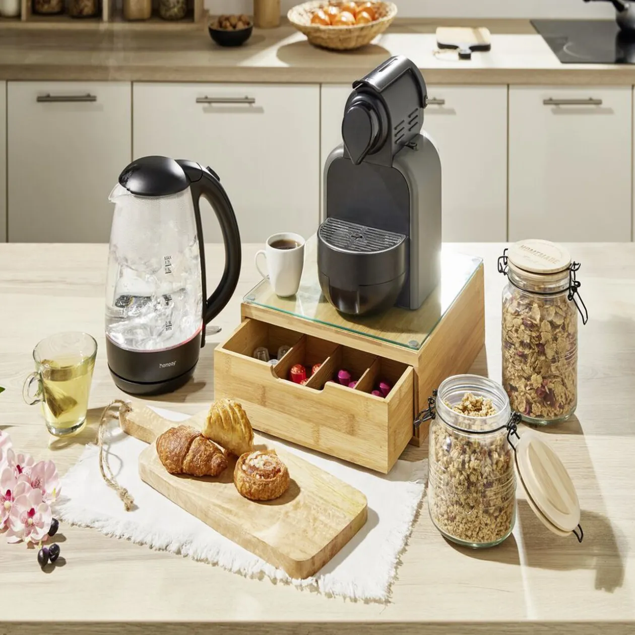 Boîte tiroir à dosettes en bambou et verre