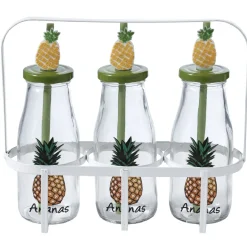 Bouteilles x3 avec pailles design exotique x3 panier métal blanc