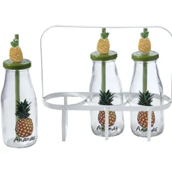 Bouteilles x3 avec pailles design exotique x3 panier métal blanc