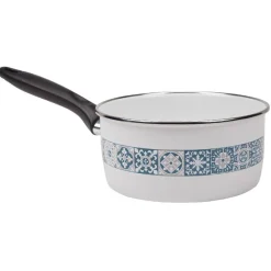Casserole anti-adhésive acier émaillé blanc crème et bleu