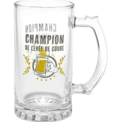 Chope à bière verre transparent inscription Champion de levée de coude