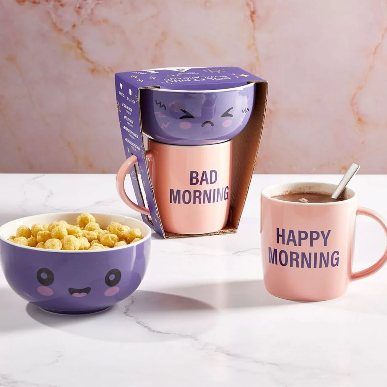 Coffret bol et mug en porcelaine Happy/Bad Morning - 2 modèles