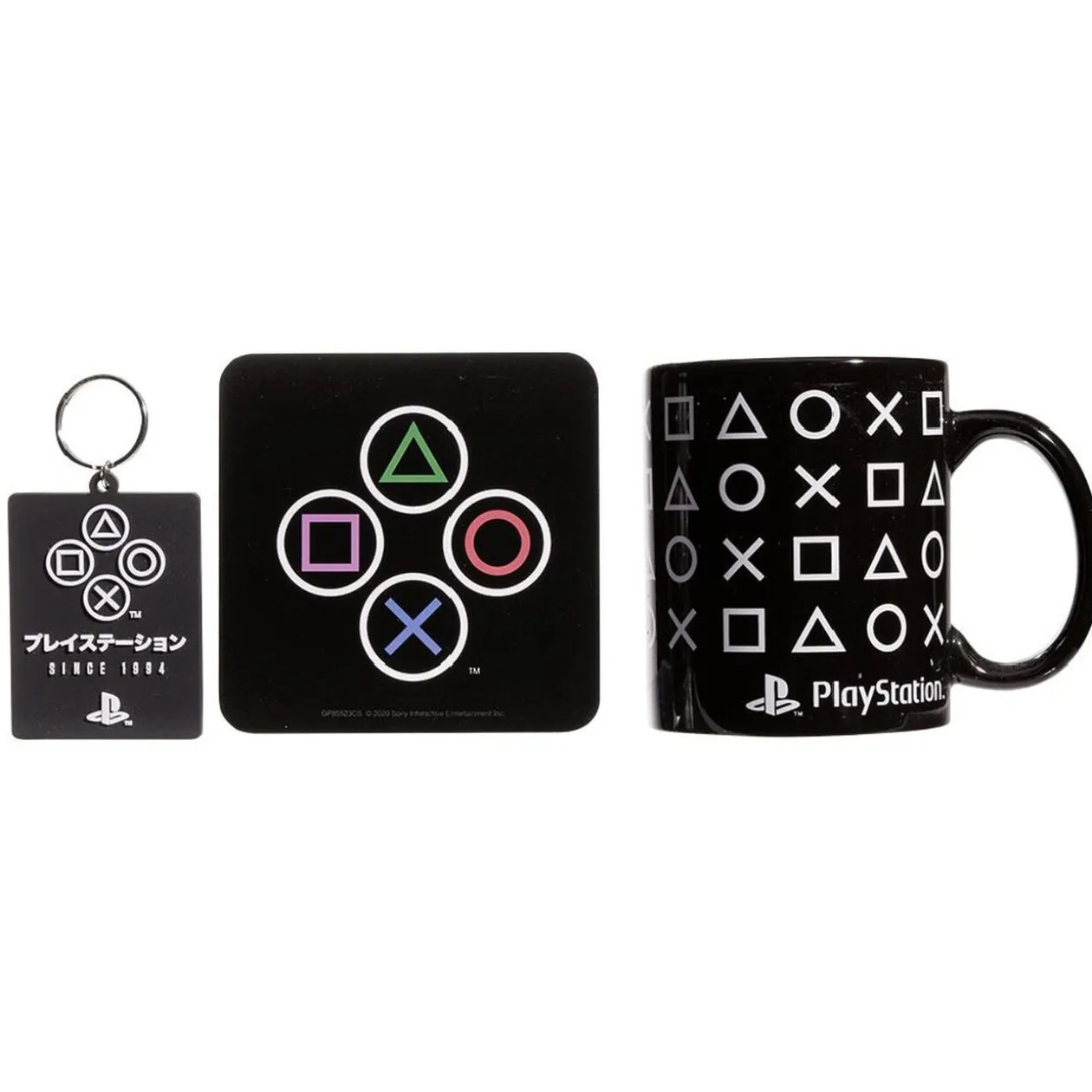 Coffret cadeau Playstation mug sous-verre porte-clé noir et blanc 3pcs