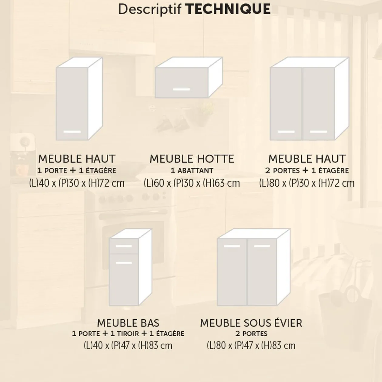 Cuisine 5 éléments finition chêne Sonoma L. 1,80 m