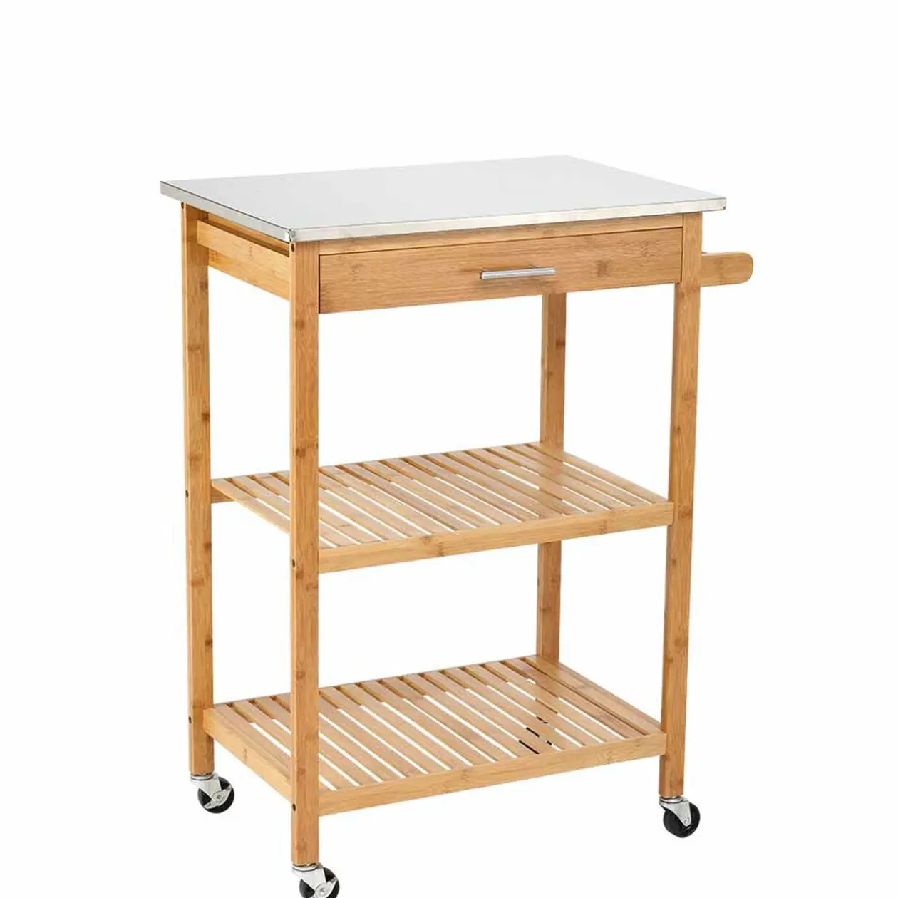 Desserte de cuisine à roulettes bambou plateau inox 1 tiroir