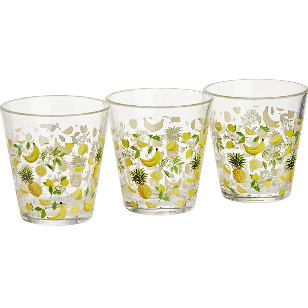 Gobelet bas conique transparent motif fruit exotique 25cl x3 - H8 cm