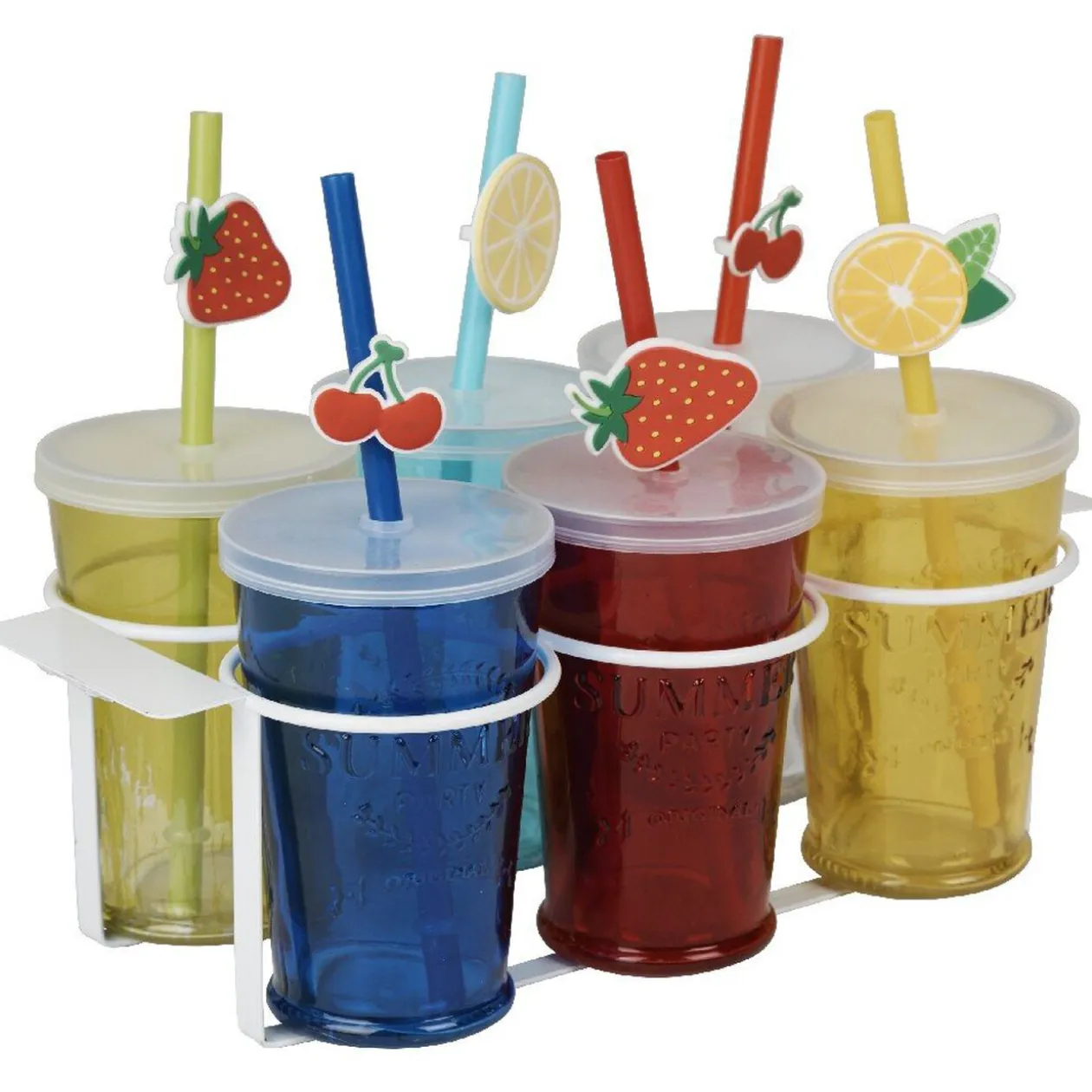 Gobelet en verre avec couvercle et paille multicolore x6