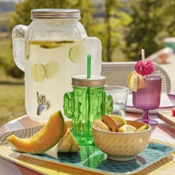 Gobelet en verre avec paille forme cactus ou fraise Ø10xH12,5cm