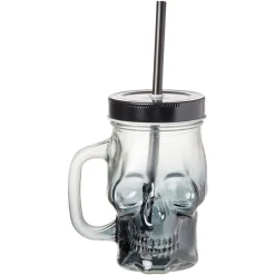 Gobelet en verre forme tête de mort avec paille et couvercle