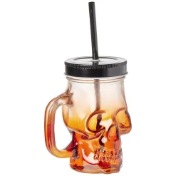 Gobelet en verre forme tête de mort avec paille et couvercle