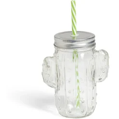 Gobelet 460ml forme cactus avec paille verre transparent