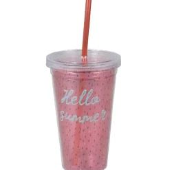 Gobelet plastique rose et paille décor pastèque hello summer