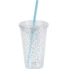 Gobelet plastique transparent couvercle et paille motif étoile bleu