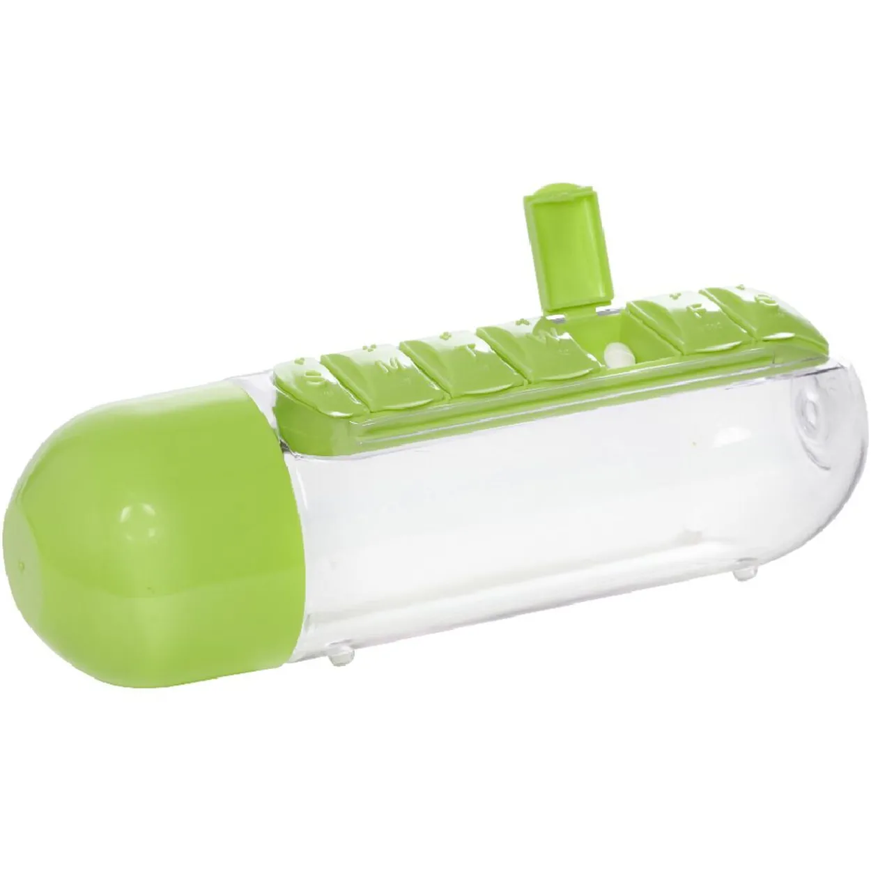 Gourde pilulier hebdomadaire transparente et verte