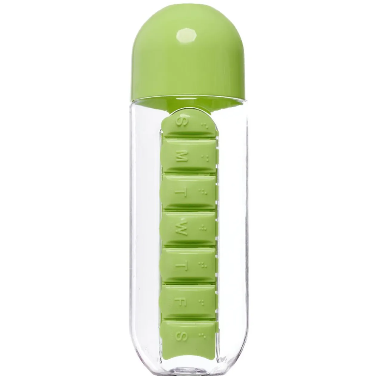 Gourde pilulier hebdomadaire transparente et verte