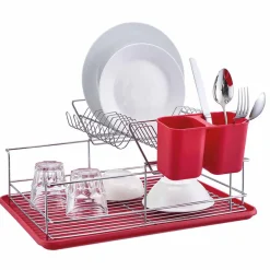 Égouttoir avec plateau et supports couverts rouges 2 niveaux